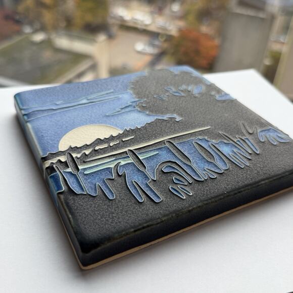 Motawi Tileworks Marsh Moon Ceramic Pottery Tile 6" x 6" Yoshiko Yamamoto - Picture 2 of 4